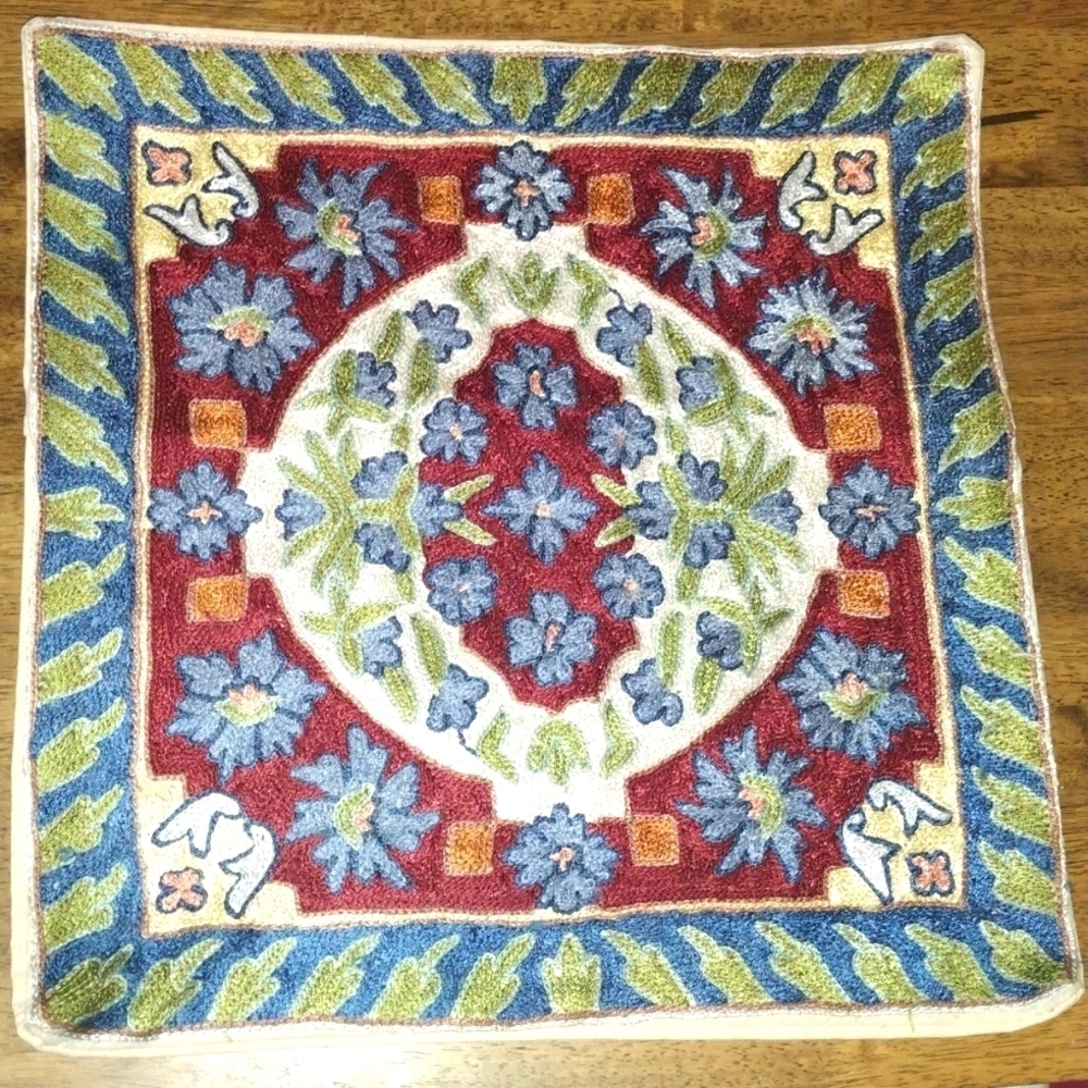 NWOT Hand Embroidered Decorative Pillow Cover. Made in India. 16x16